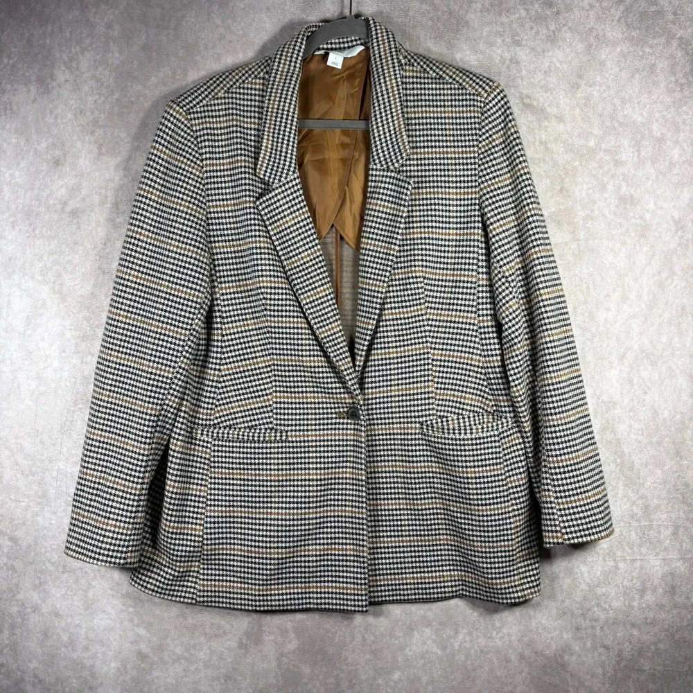 Old Navy Blazer Womens L‎ Brown Houndstooth Plaid Stretch Professional Academia